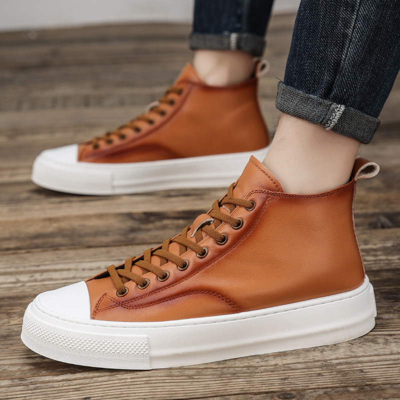 Men's Genuine Leather High Top Board Shoes With Latex Insole_voghion.com