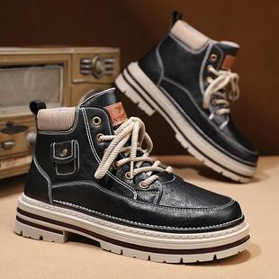 Men's Shoes Autumn New British Retro Mid-top Martin Boots Men's Casual Workwear Shoes Trendy Low-top Ankle Boots Leather Shoes