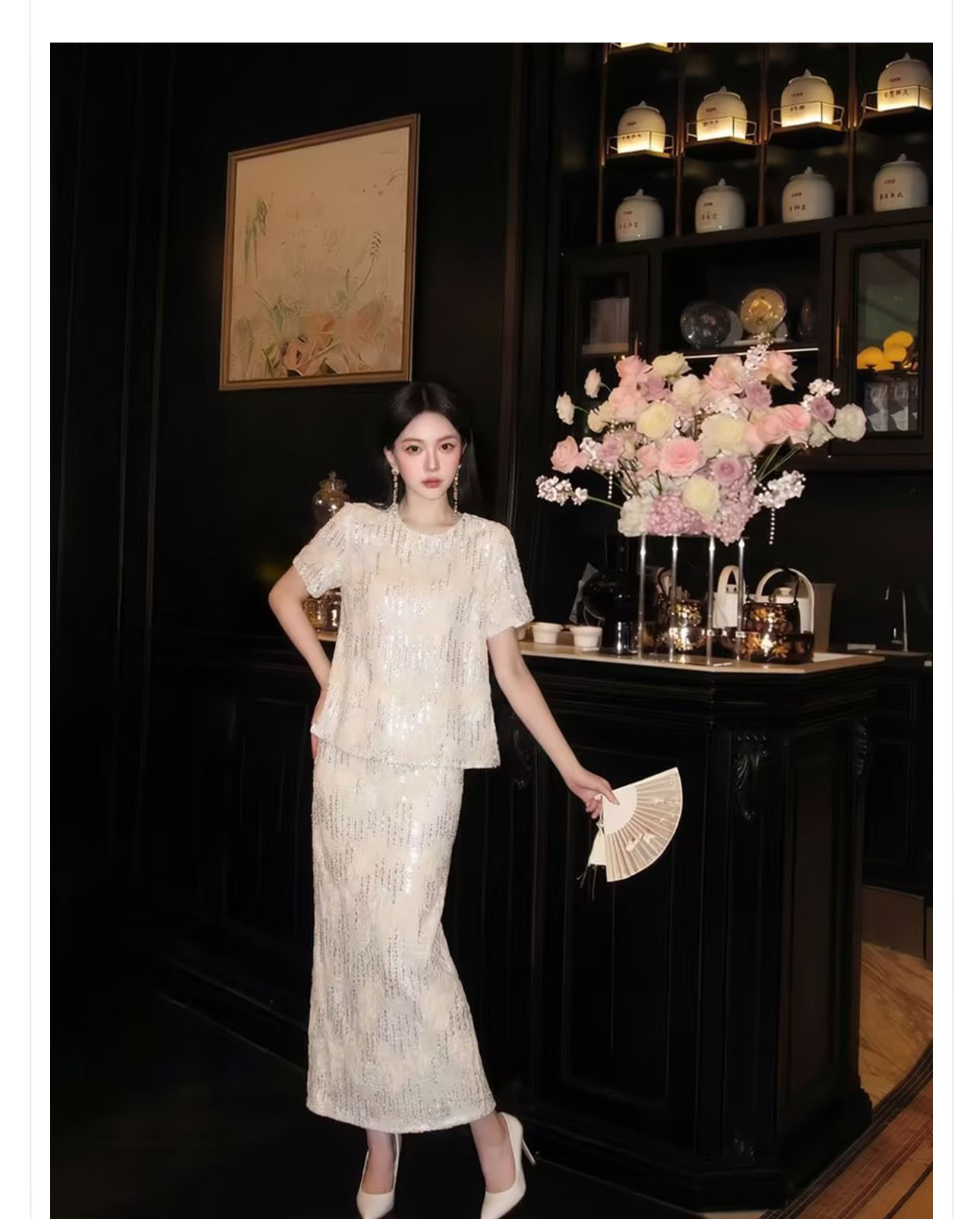 Áo sơ mi nữ dài tay phong cách Trung Hoa đính sequin cao cấp xuân hè — Áo sơ mi màu mơ, Váy nửa màu hạnh nhân chi tiết 8
