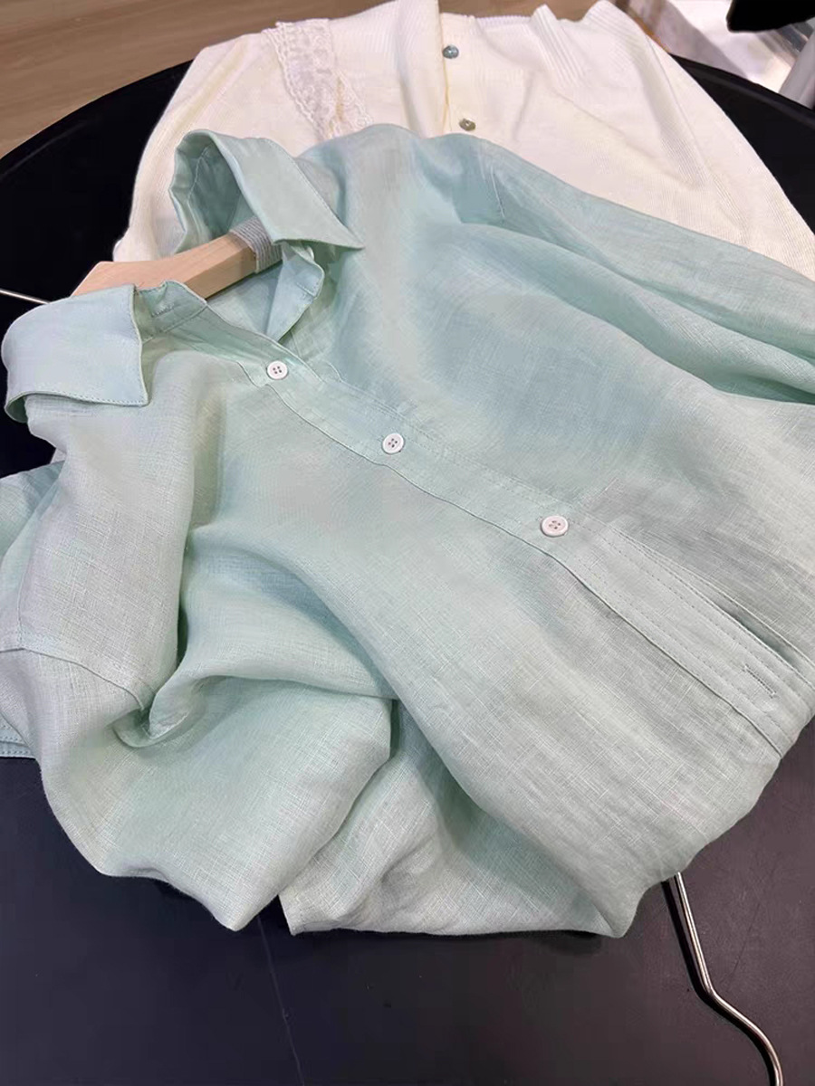 Áo sơ mi nữ linen mỏng thoáng khí mùa hè chống nắng — bạc hà xanh chi tiết 3