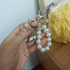 少女心 韓國博主金屬風銀色愛心珍珠鏈條玩偶掛件可愛玩偶包包扣