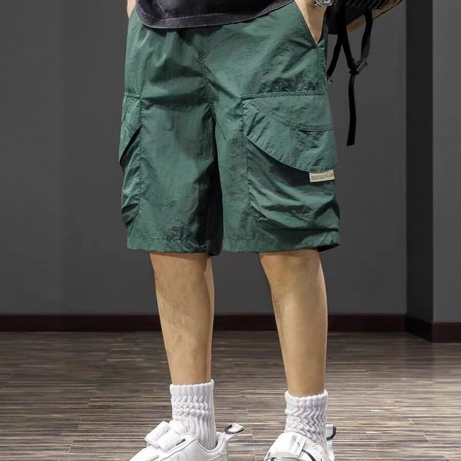 Men's Ice Silk Cargo Shorts with Multiple Pockets, Summer New Trendy Brand, Loose Plus-Size Beach Quick-Dry Mid-Length Shorts