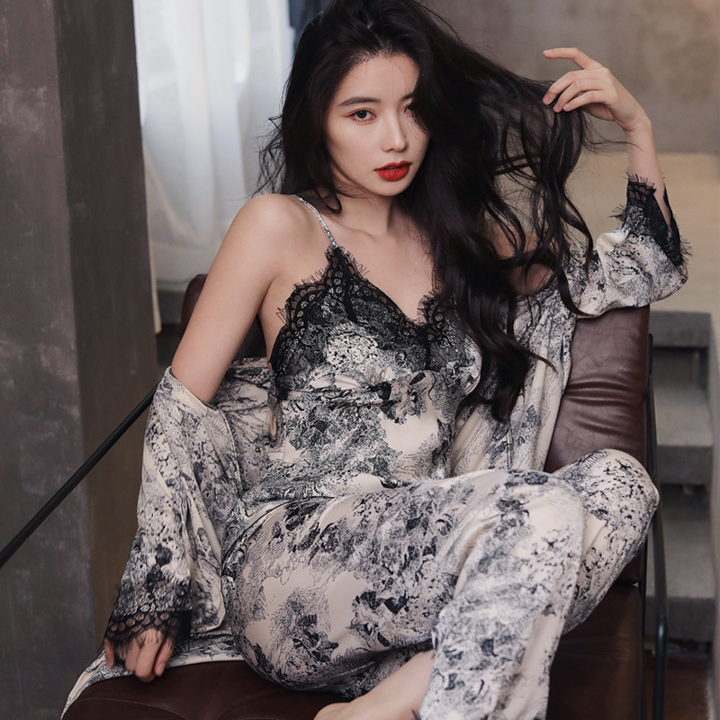 New pajamas Women's Spring and Autumn Summer Ice Silk thin sexy retro style nightgown plus size three-piece home wear cross-border New pajamas Women's Spring and Autumn Summer Ice Silk thin sexy retro style nightgown plus size three-piece home wear cross-border