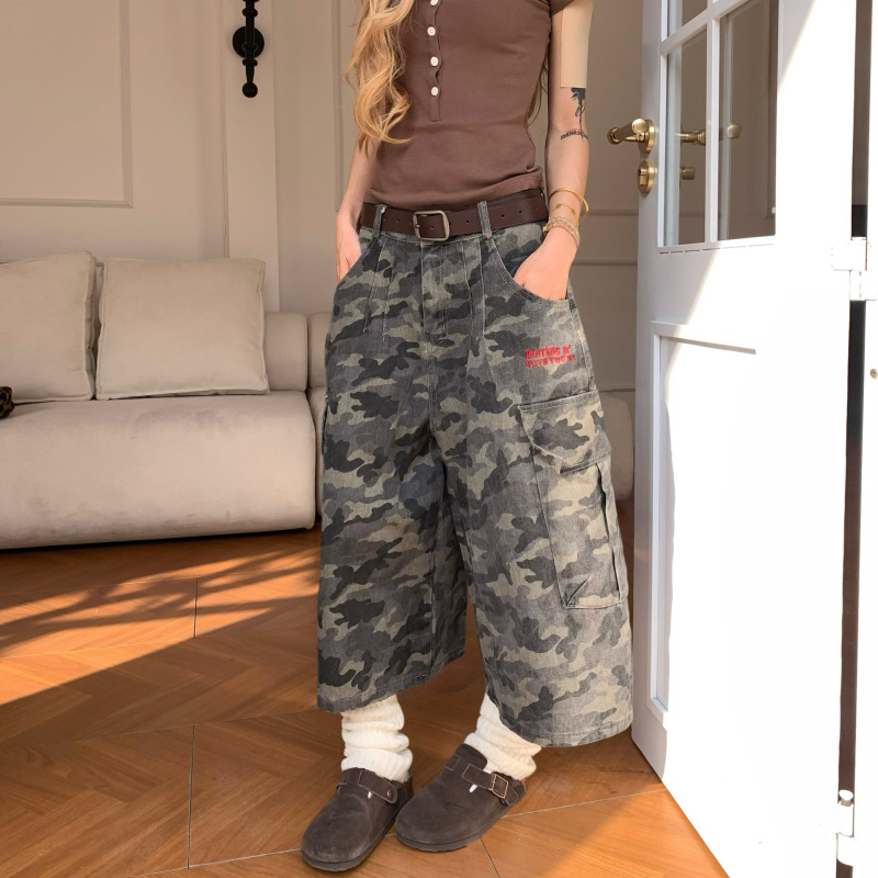 Camouflage Large Pocket Cargo Cropped Pants for Women 2025 Summer Trendy Straight Pants New Loose American Wide-Leg Pants for Men