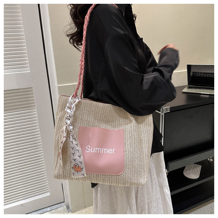 Women's Medium Straw Letter Color Block Vacation Beach Zipper Tote Bag display picture 9