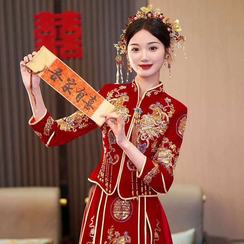 Velvet Xiuhe Dress 2026 New Model High-End Bridal Wedding Dress for Toasting, Chinese Style Wedding Gown, Slimming Bridal Dress for the Bride Velvet Xiuhe Dress 2026 New Model High-End Bridal Wedding Dress for Toasting, Chinese Style Wedding Gown, Slimming Bridal Dress for the Bride