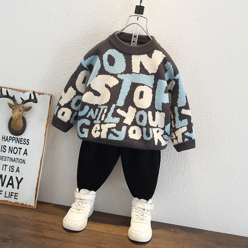 6483 suéter de cuello redondo para niños 2025 primavera y otoño nuevo suéter de otoño para bebés de moda con letras para niños