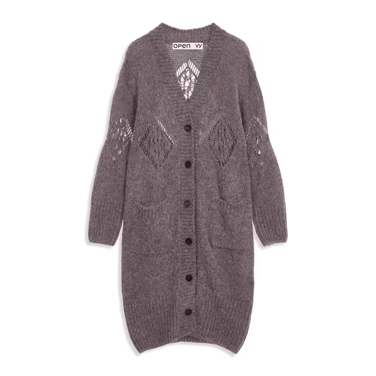 YB订纺纱线Openyy25秋季新款宽松慵懒风镂空针织毛衣超长款开衫女