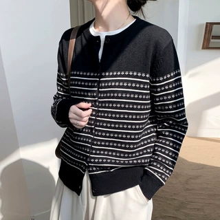2026秋季新款羊毛针织衫系扣开衫毛衣女圆领外套条纹提花复古批发