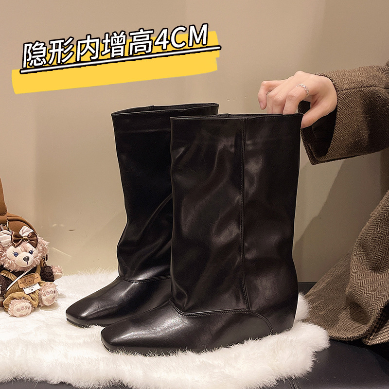 Spicy Girl Style High Heel Ankle Boots for Women 2026 Fall/Winter New Wedge Heel Short Boots Square Toe Mid-Calf Vintage Martin Cowboy Boots
