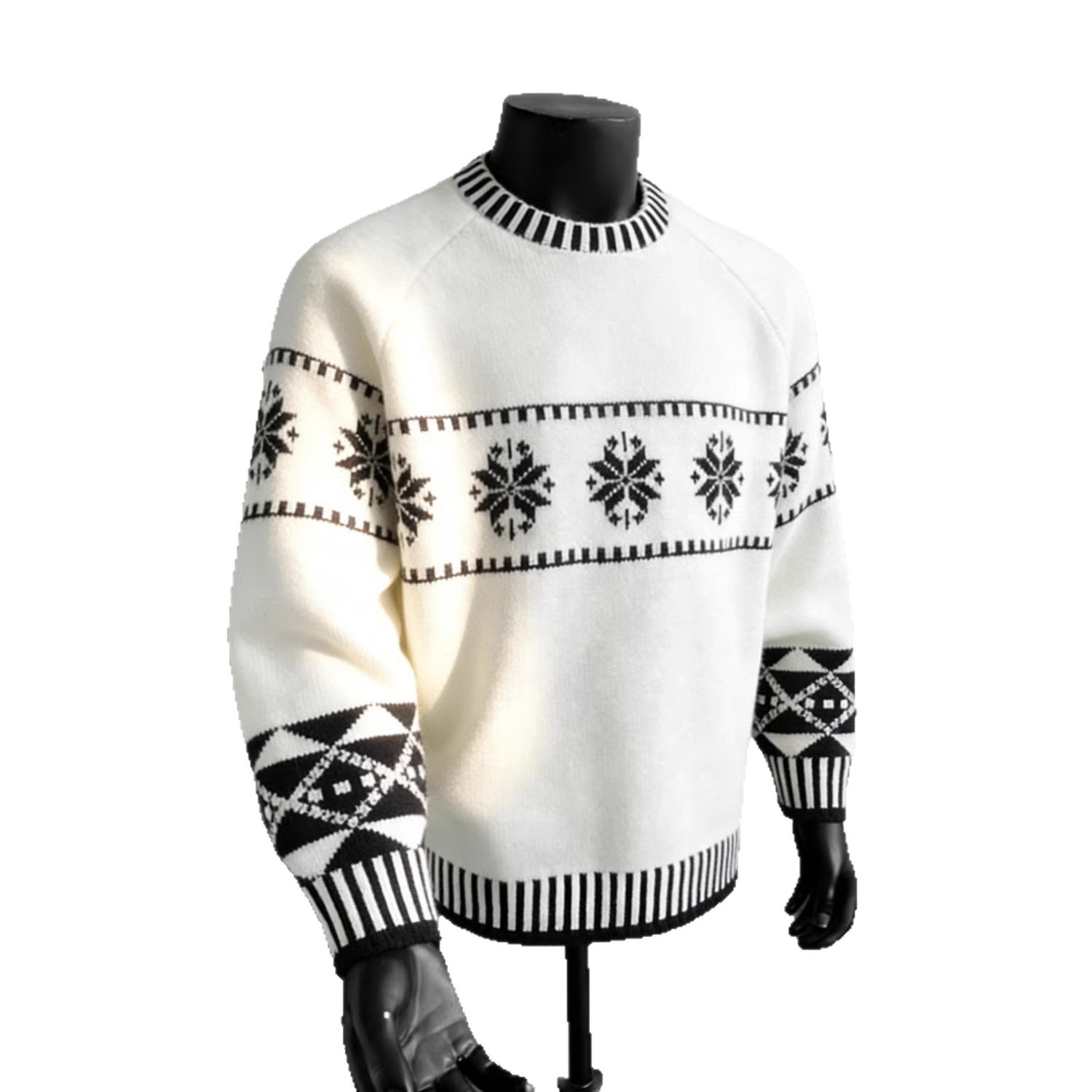 Retro Color-Block Jacquard Knit Sweater – Unisex Oversized Pullover With Round Neck, Fall Vintage Streetwear (White)_voghion.com