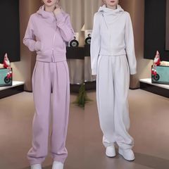 2025新款休闲运动套装女不规则斜边拉链连帽卫衣阔腿裤两件套