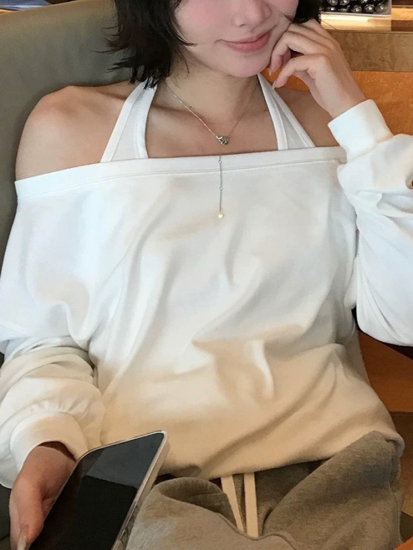 SUNONEON 天丝挂脖宽松慵懒斜肩卫衣女秋季新款美式长袖套头上衣|undefined