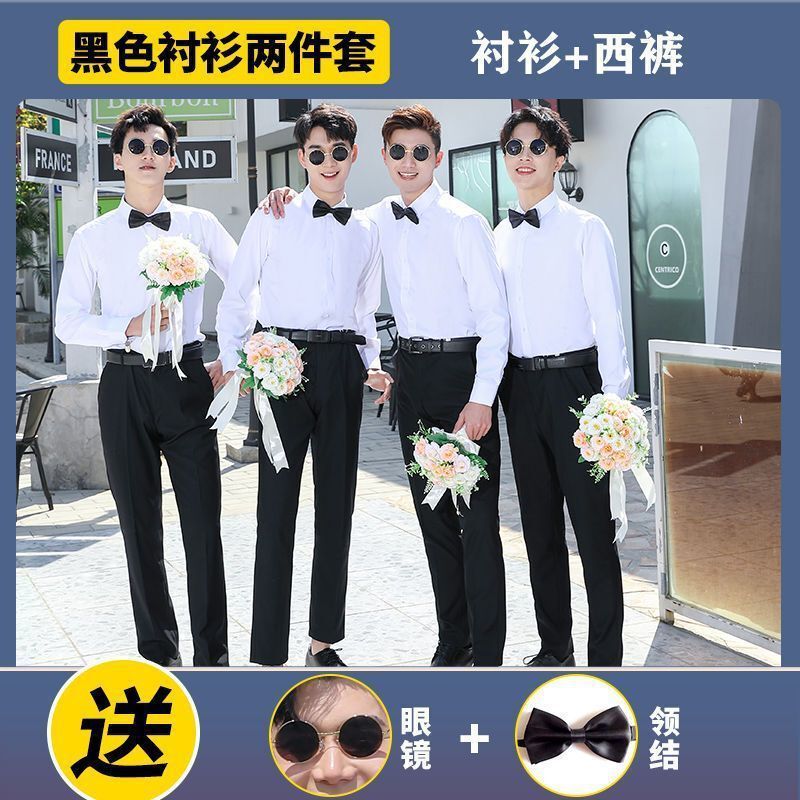 伴郎服白衬衫夏季西服男士兄弟装团服结婚接亲西装衬衣马甲三件套|undefined