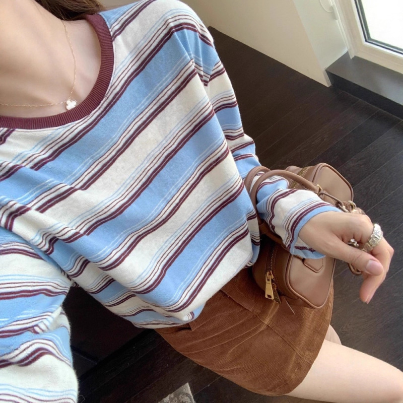 IG917氛围感 洋气感miu系条纹长袖T恤百搭显瘦打底衫女2025新|undefined
