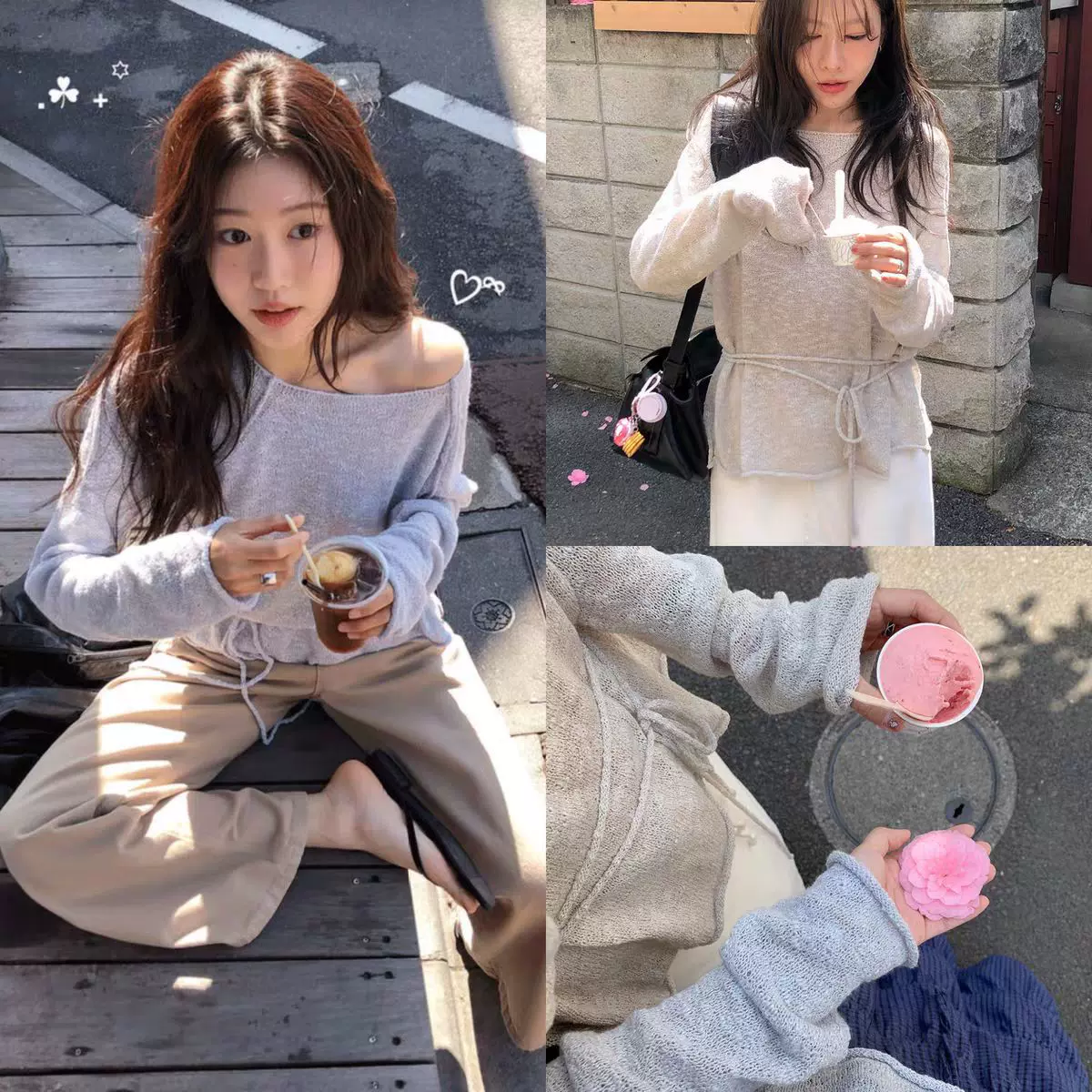 现货2026春季新款韩国东大门纯色显瘦圆领系带收腰显瘦针织衫上衣