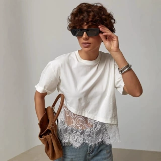 小众感网纱蕾丝拼接t恤女夏季短袖短款不规则宽松外穿T-shirt上衣