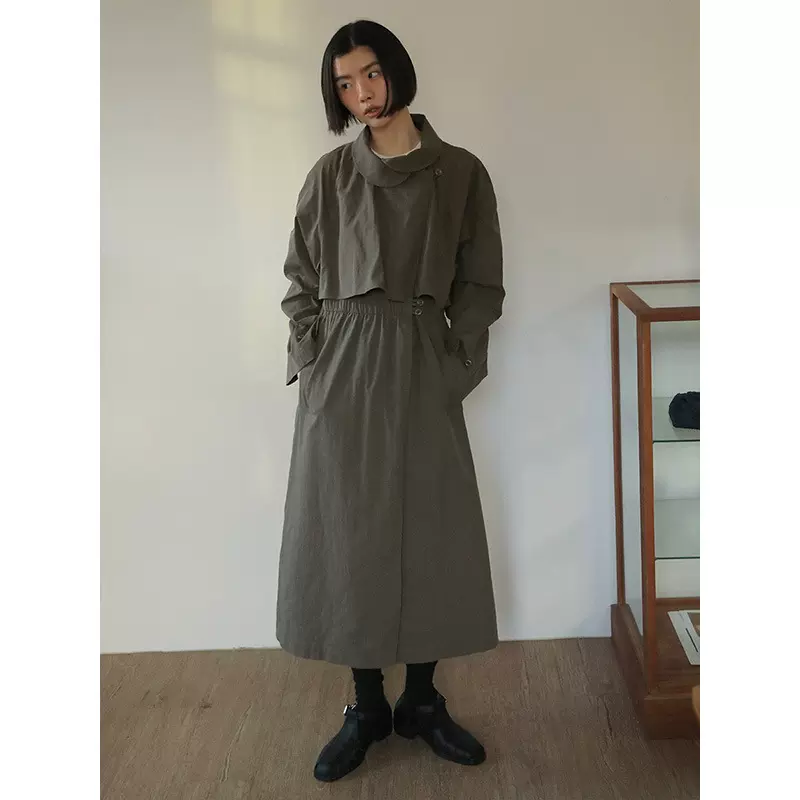时也 重磅斜纹梭织 斜门襟娃娃领设计新款高级气质风衣外套00500