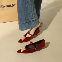 2388-K215 Korean retro style suede low heel women's shoes with metal buckle pointed shallow mouth straight buckle strap single shoe for women