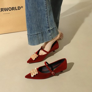 2388-K215 Korean retro style suede low heel women's shoes with metal buckle pointed shallow mouth straight buckle s