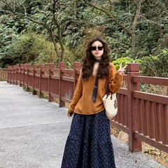 韩系复古风套装女慵懒宽松软糯V领针织毛衣春季碎花半身裙两件套