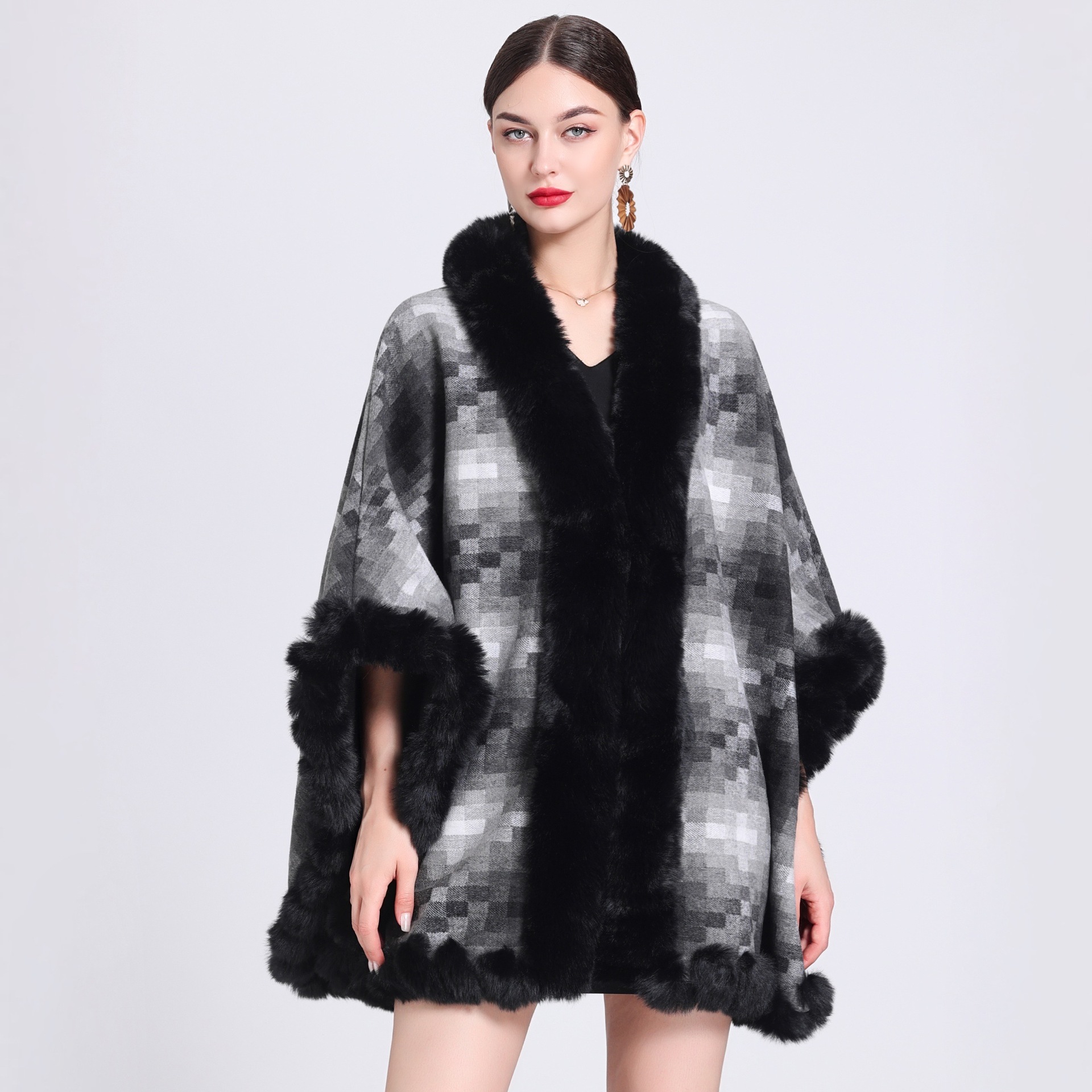 Fleece thickened plaid collar cape cape loose large size knitted cardigan coat for women_voghion.com