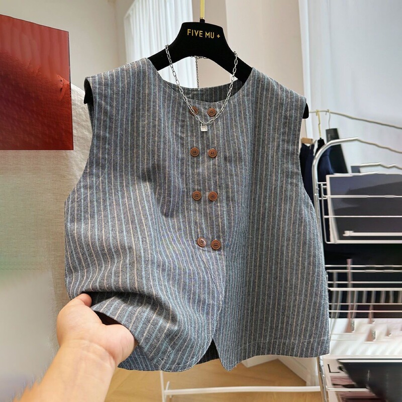 Striped Sleeveless Short Outer Vest 2025 Summer New Loose Flesh-Covering Thin Jacket Top