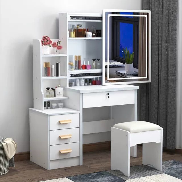 Tocador para apartamentos pequeños, montaje moderno y sencillo, espejo deslizante para dormitorio de princesa, mesa de maquillaje con panel de almacenamiento creativo.