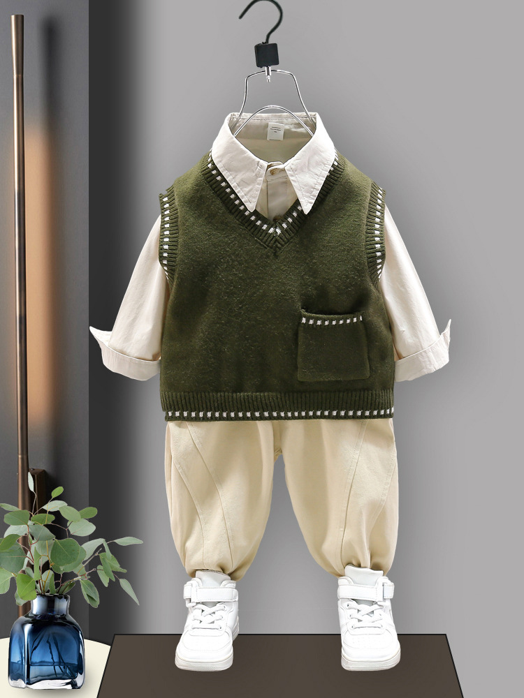 4283 traje de ropa de otoño para niños 2023 nuevo estilo occidental Bebé Suéter para niños chaleco camisa conjunto de tres piezas bebé primavera y otoño