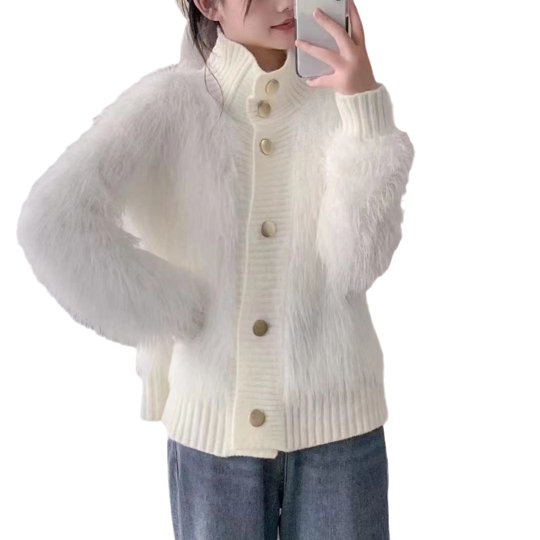 El otoño y el invierno nuevo estilo de imitación de visón de terciopelo collar de pie cardigan exterior de las mujeres de alto grado de temperamento flojo todo fósforo de punto abrigo de moda