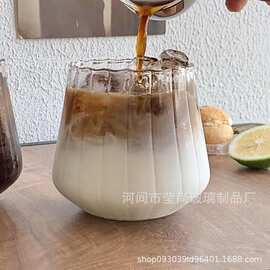 条纹花苞杯ins风牛奶玻璃杯冰美式杯拿铁咖啡杯燕麦杯早餐杯冷饮