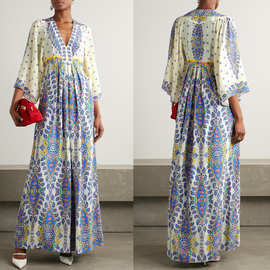 Plus Size V-Neck Printed Long Dress夏季宽松大码印花V领连衣裙