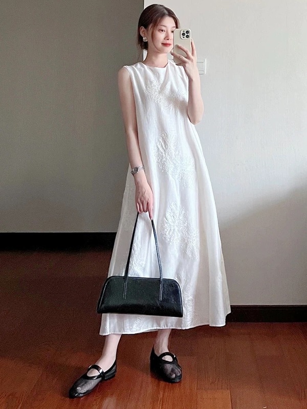 万针刺绣亚麻醋酸背心裙新中式女装国风无袖背心气质长裙连衣裙夏|undefined