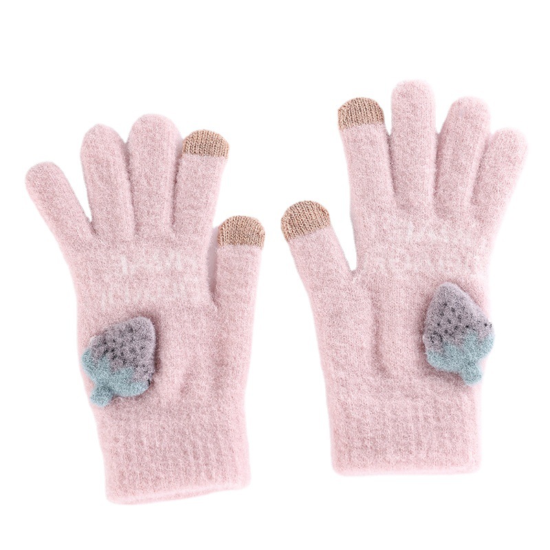 冬天保暖手套女士纯色成人分指全指保暖触屏手套加绒加厚草莓手套