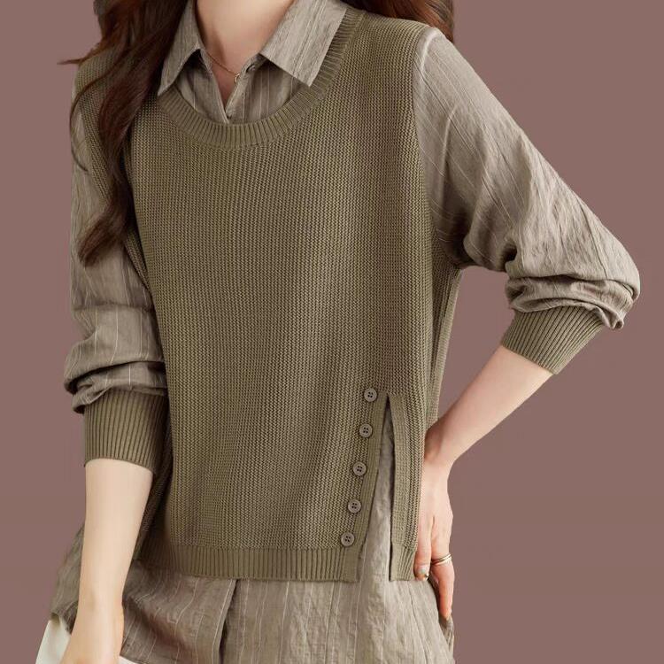 气质假两件针织衫上衣女秋款毛衣马甲拼接衬衫小衫