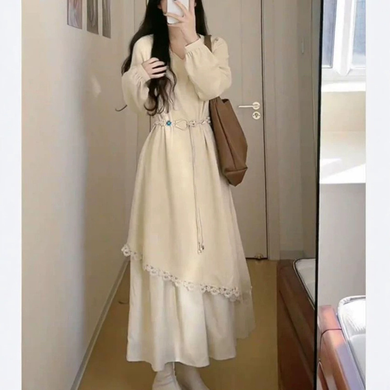 Fake two-piece yellow V-neck, straight-shoulder, long-sleeve dress, 2026 autumn new collection, plus-size, beaded waist-cinching dress for curvy women