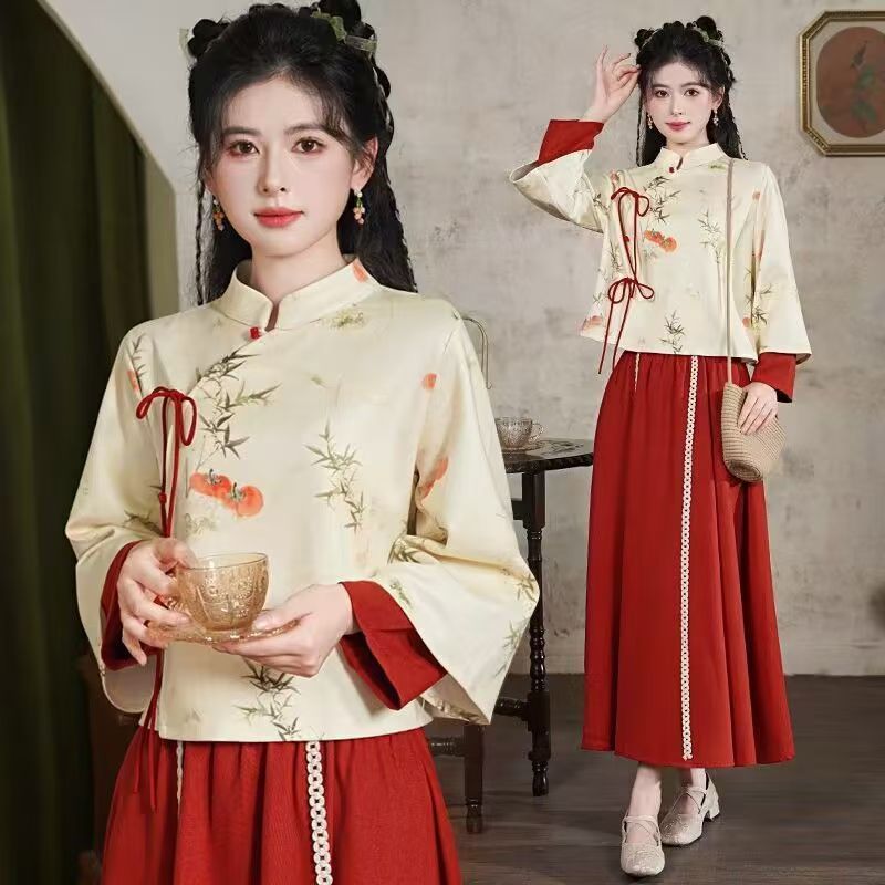 新款冬季中国风女装汉服女旗袍民族风连衣裙复古茶艺服裙伴娘套装