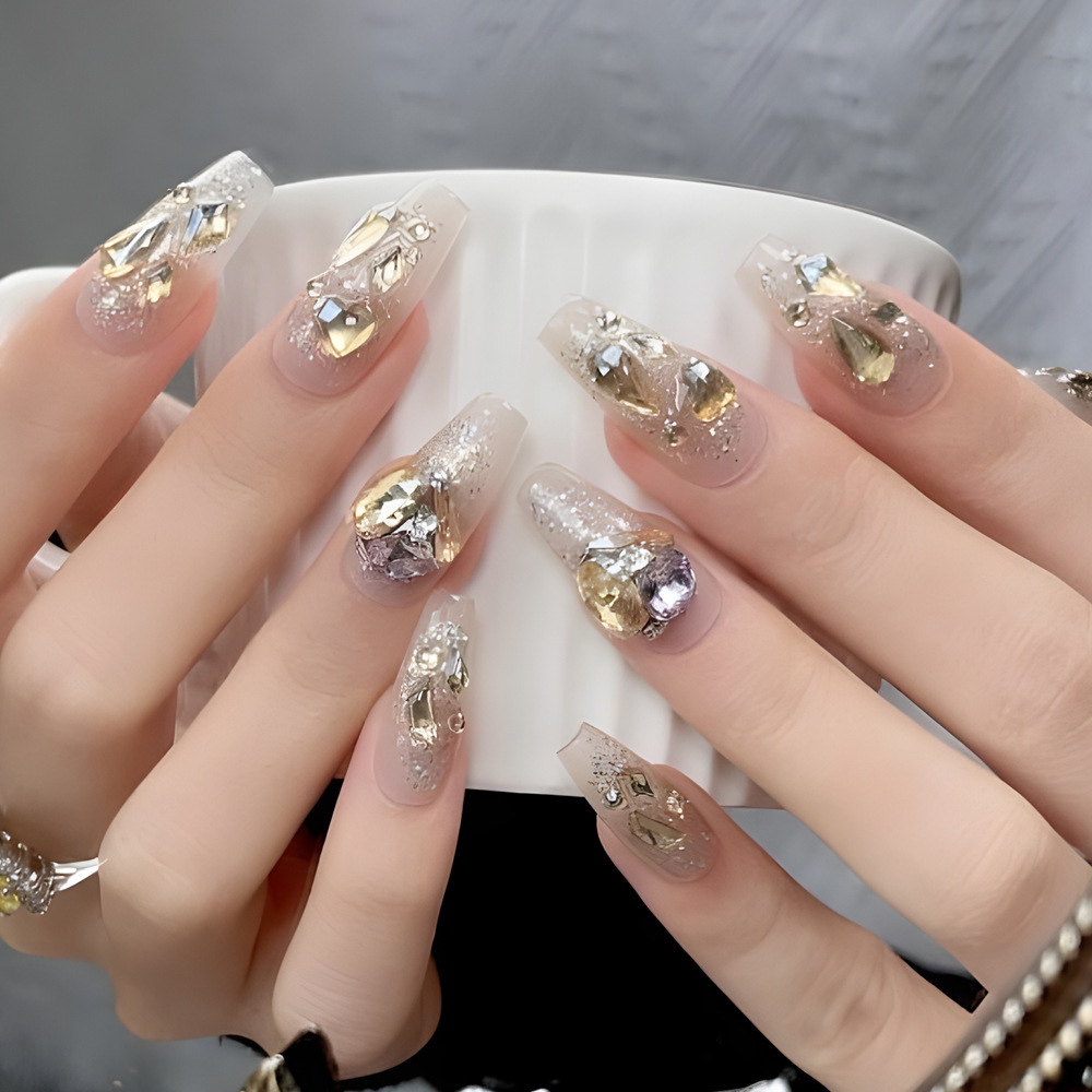 Decodificar 10 piezas de terapia de luz hecha a mano para usar hielo de uñas, amor de brillo, parche de uñas de diamantes de oro de champán