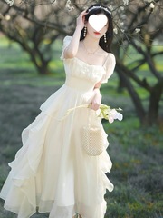 茶歇法式复古感甜美少女显瘦仙女气质超仙荷叶边连衣裙子夏季一件