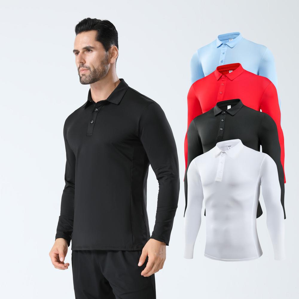 Casual Long-Sleeved Running Breathable Elastic Men's Sports Solid Color Quick-Drying Clothing Button-Down Stand-Up Collar Workwear Tight-Fitting Top