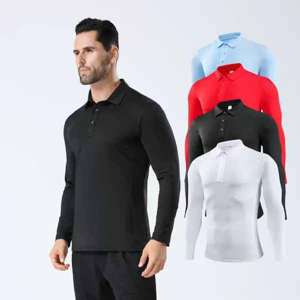 Casual Long-Sleeved Running Breathable Elastic Men's Sports Solid Color Quick-Drying Clothing Button-Down Stand-Up Collar Workwear Tight-Fitting Top
