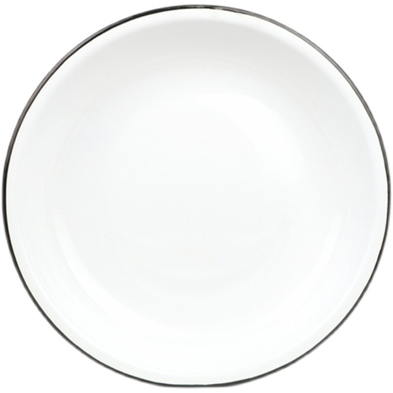 加厚搪瓷圆盘素黑红边深型饭碟菜盘子餐厅白色菜碟老式搪瓷盘汤盘