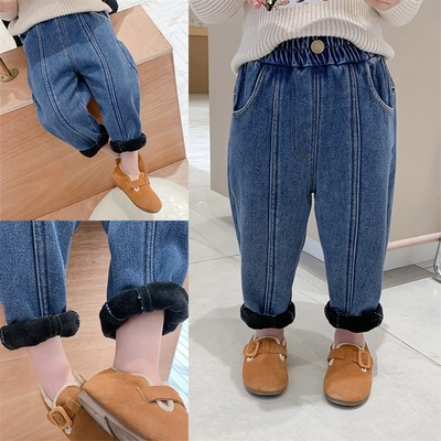 children Plus velvet jeans 2020 Autumn and winter new pattern Overalls girl Versatile personality trousers baby