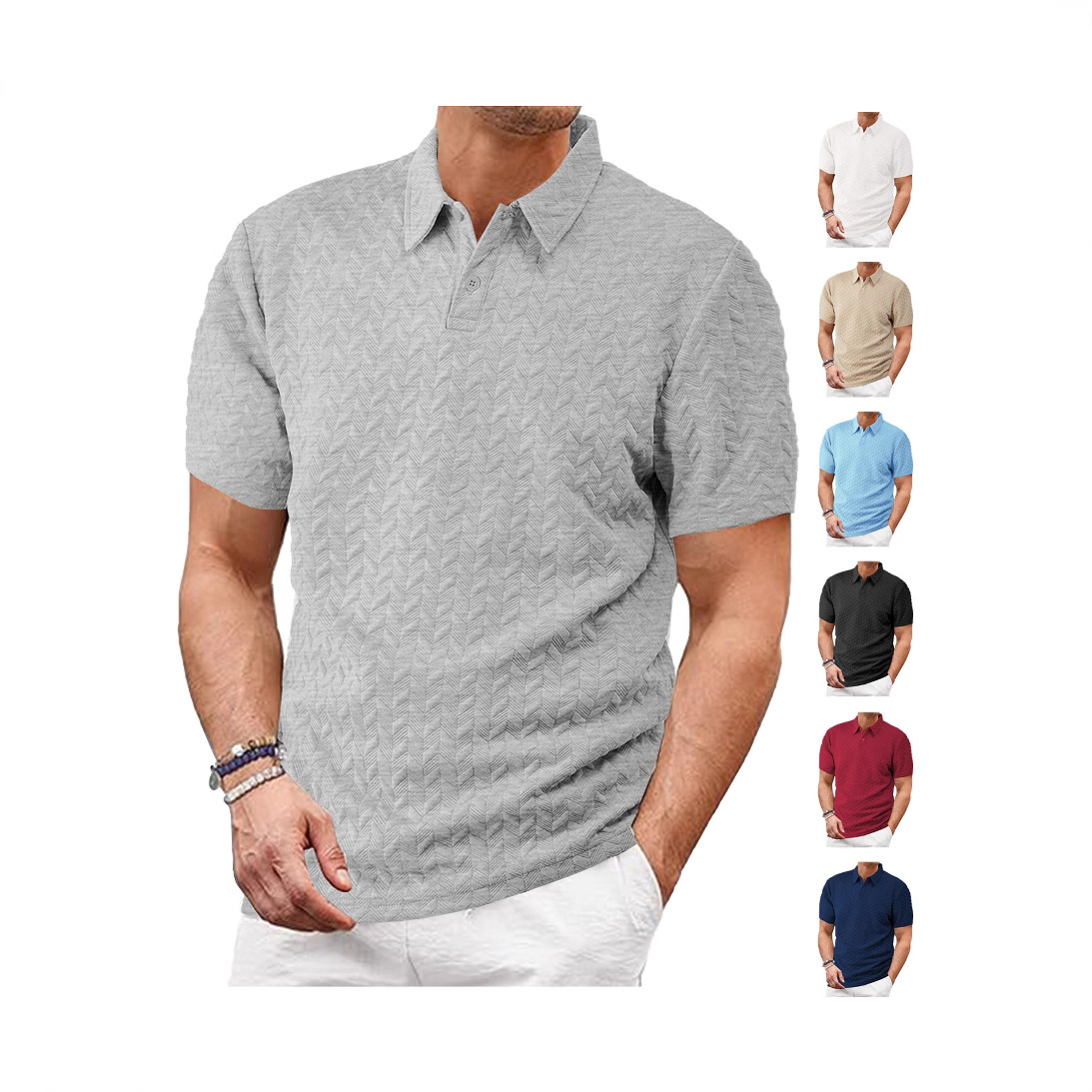 Ropa de hombre transfronteriza Europa y América Verano fino transpirable transpirable suelta casual color sólido jacquard camisa polo de manga corta para hombre