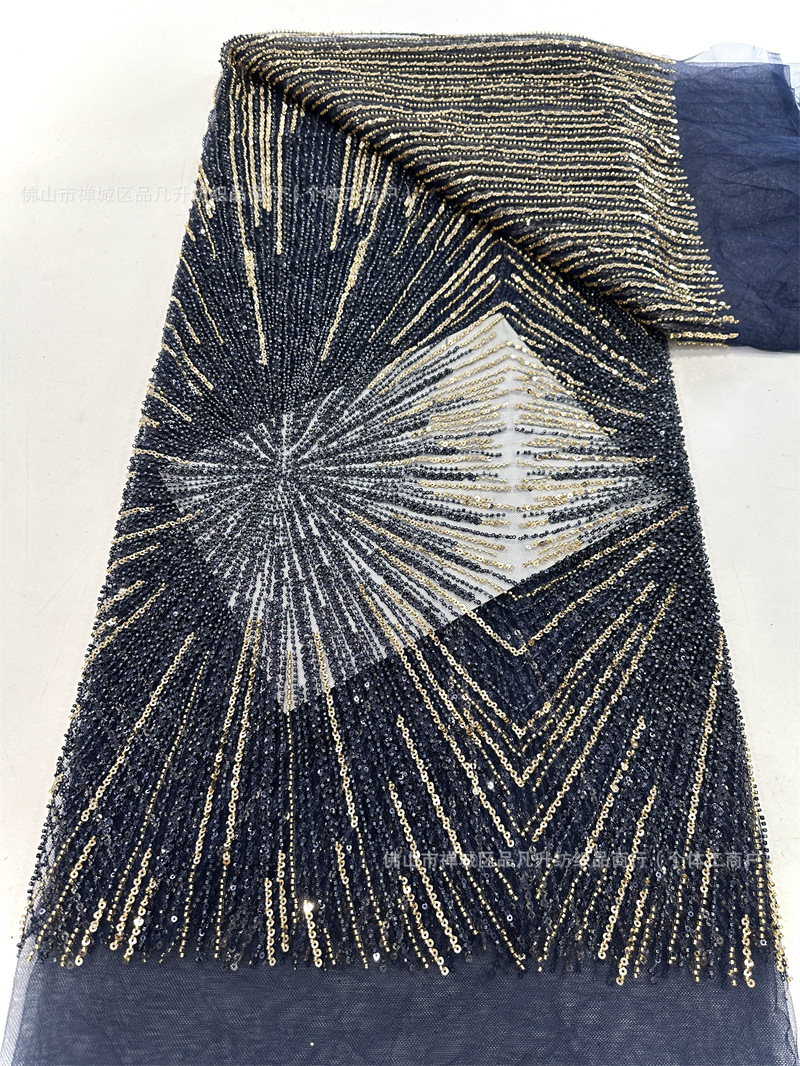 Tela de malla de lentejuelas lista para usar del fabricante, tela de encaje bordado, tela de moda para vestidos de alta costura con líneas tridimensionales