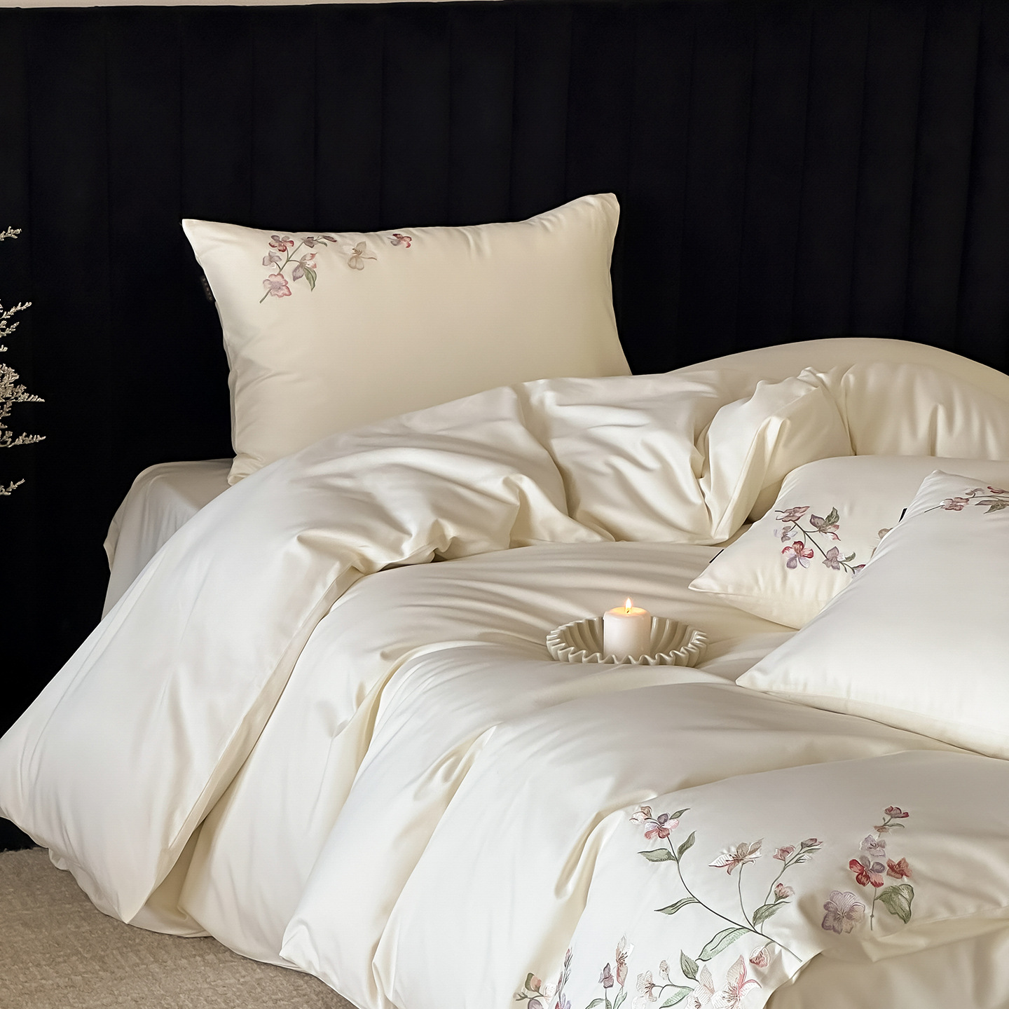 Pequeño fresco estilo coreano viento pastoral otoño invierno algodón molido cuatro piezas flores bordadas colcha de cama blanca