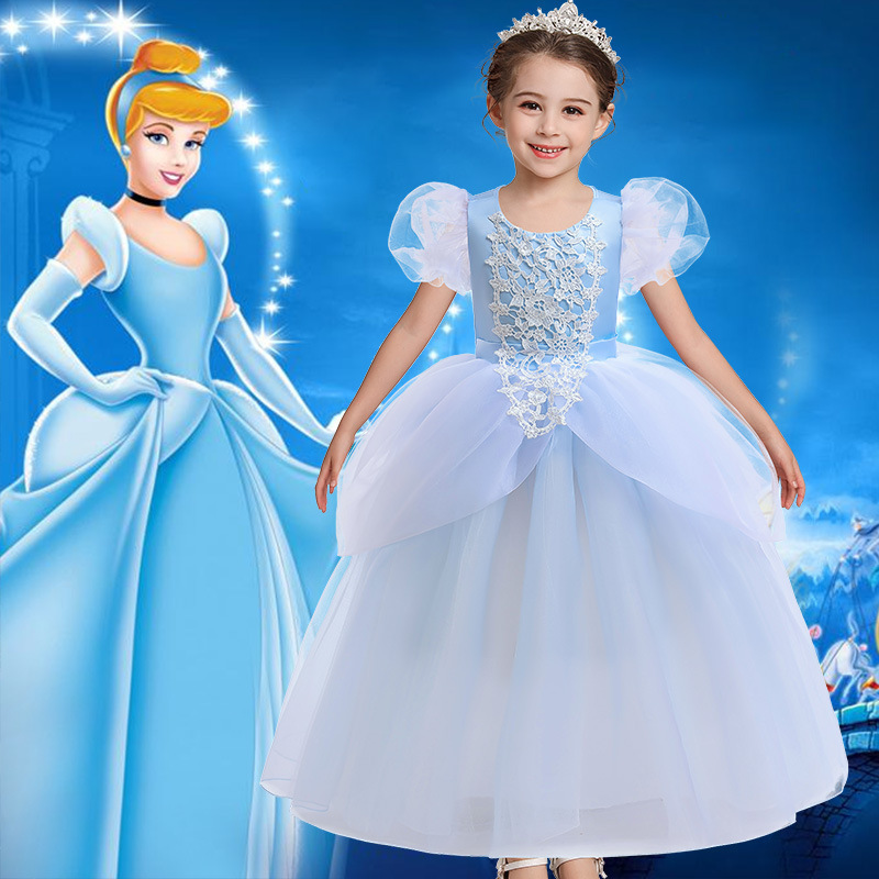 Foreign Trade Girls' Waist-Cinching Dress Cosplay Cinderella Princess Dress Lace Splicing Long Performance Costume Foreign Trade Girls' Waist-Cinching Dress Cosplay Cinderella Princess Dress Lace Splicing Long Performance Costume