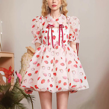 减龄连衣裙夏季甜美清新草莓印花俏皮娃娃领欧根纱公主蓬蓬裙