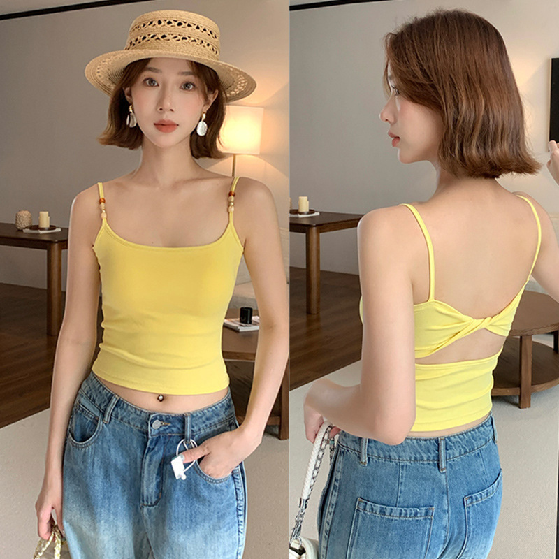 Summer Sleeveless Beaded Multi-Color Camisole with Twist-Back Design, Built-In Bra, Fixed Cups, Can Be Worn as an Inner or Outer Top for Women Summer Sleeveless Beaded Multi-Color Camisole with Twist-Back Design, Built-In Bra, Fixed Cups, Can Be Worn as an Inner or Outer Top for Women