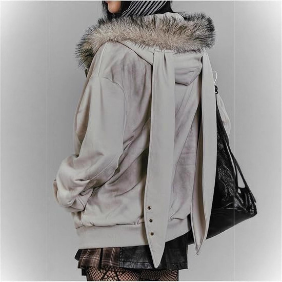 Autumn Winter Season American Street Style Fur Collar Rabbit Ear Zipper Hooded Sweatshirt Jacket Y2K Print Women's Top_voghion.com